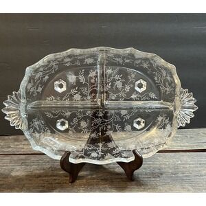 Glass Relish Dish Divided Serving Tray Floral Scalloped Edge Fostoria Chintz